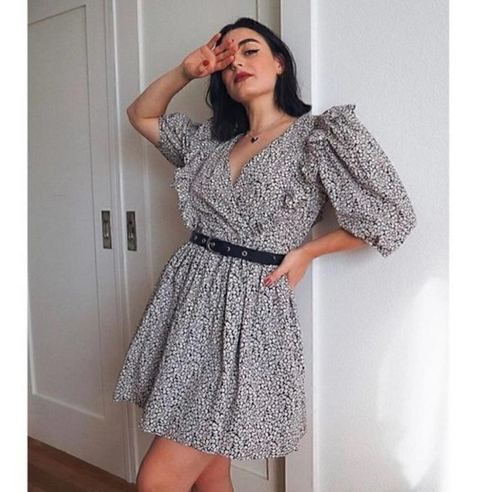H&M Floral Puff Sleeve Dress with Ruffles, Sz M